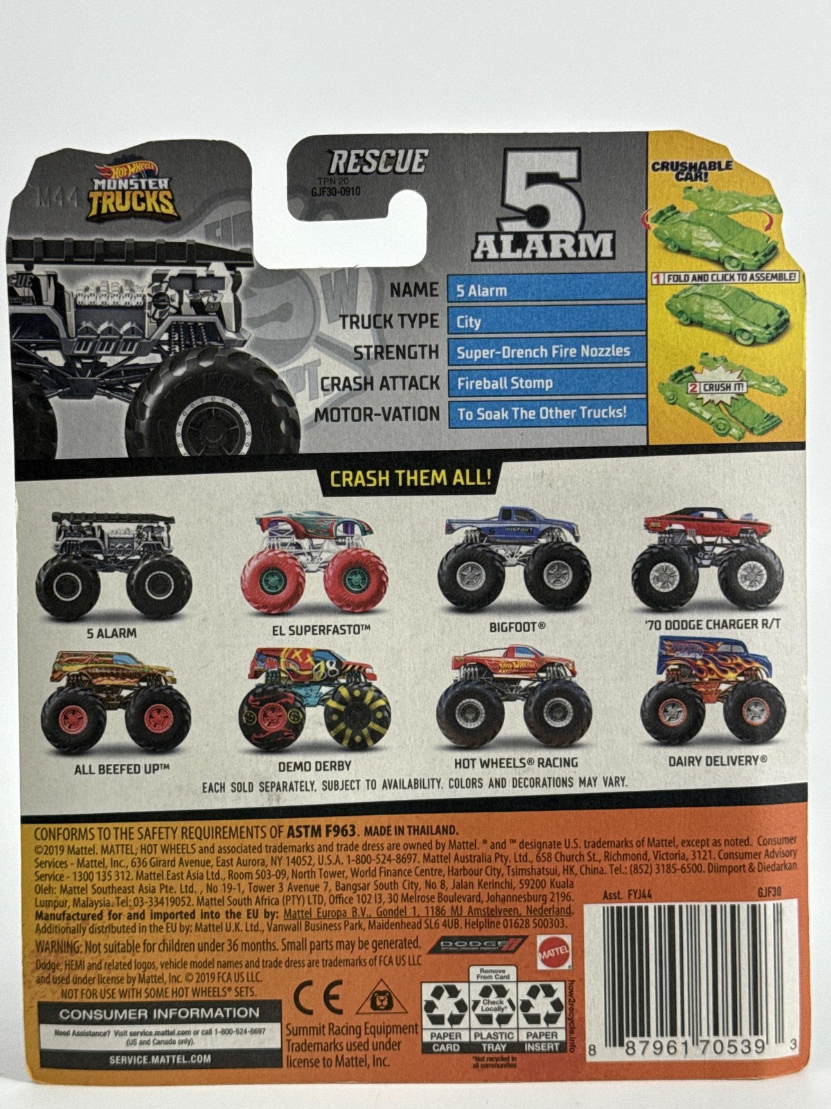 Hot Wheels Monster Trucks 5 Alarm Black White 2020 Diecast w Crush Car Sealed