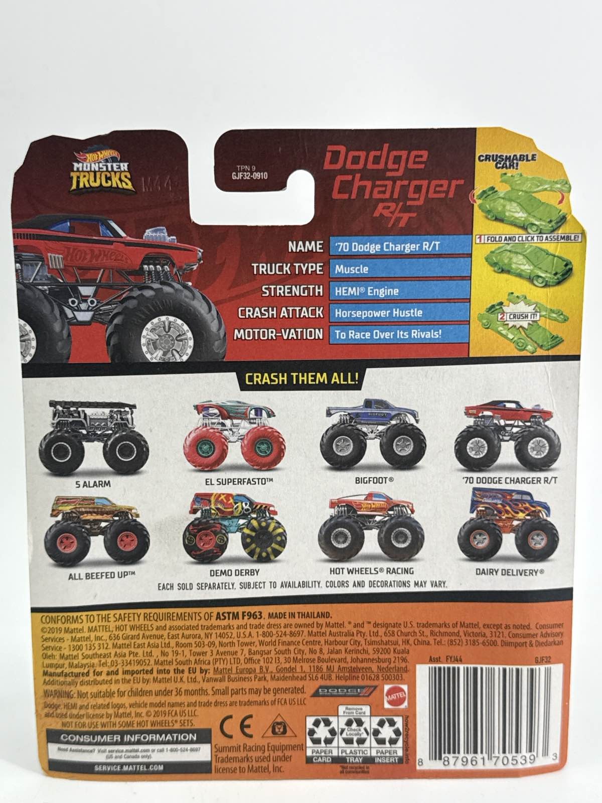 Hot Wheels Monster Trucks Dodge Charger R/T 18/75 GJF32 with Crushable Car New