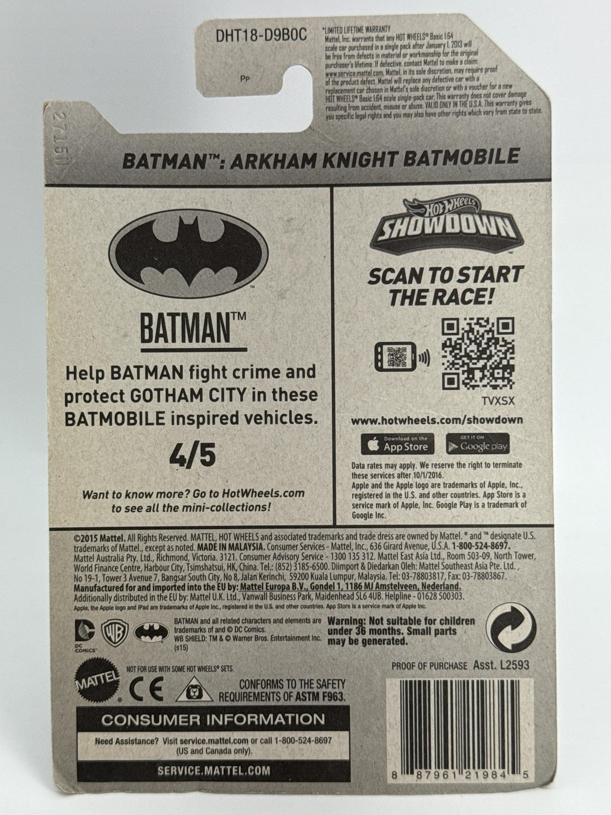 Hot Wheels Batman Arkham Knight Batmobile 2015 Gray 1:64 Diecast Sealed Red 164