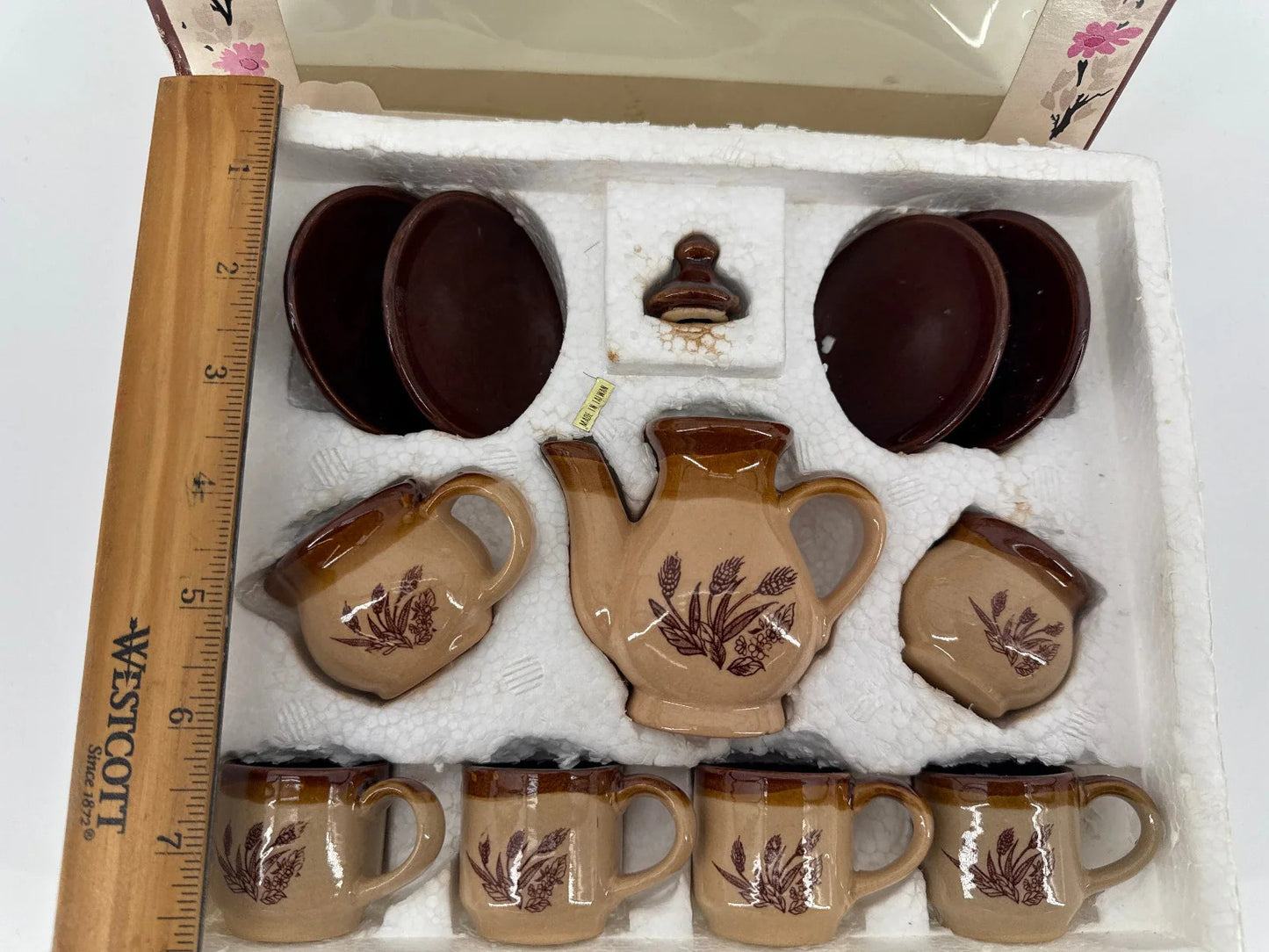 Vintage Stoneware Toy Tea Set 12pc SUMMCO Brown Floral Miniature in Box 5927