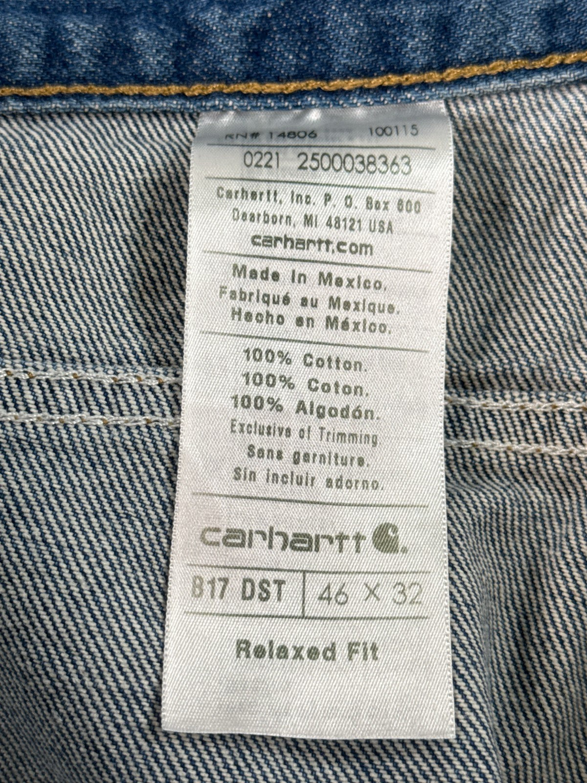 Carhartt B17 DST Jeans Men’s 46x32 Relaxed Fit Blue Denim Workwear Pants
