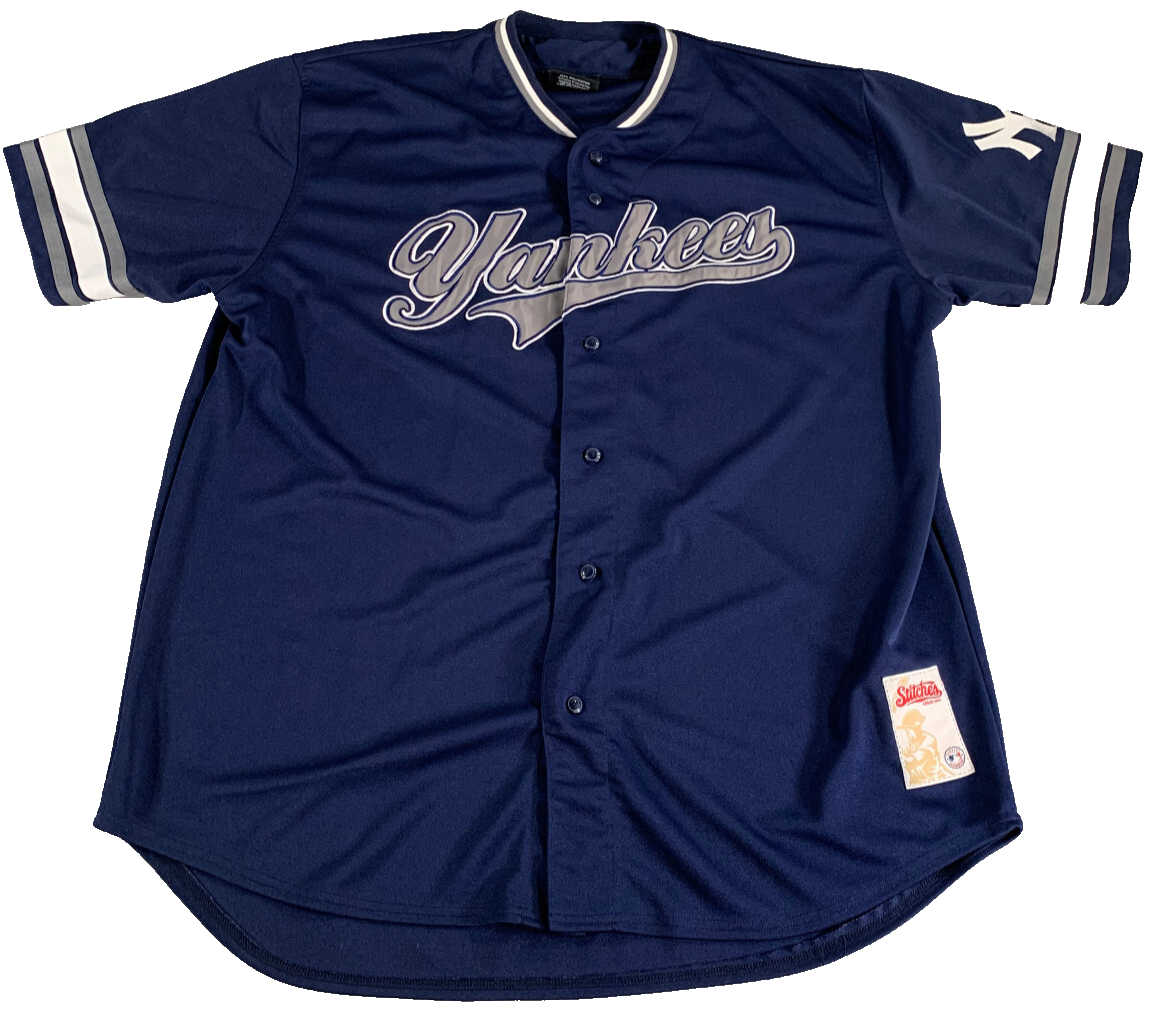 Yankees Jersey XXL Stitches Script Logo Button Up Navy Baseball Shirt Mens VTG