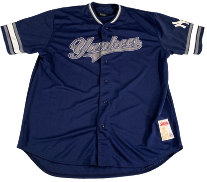 Yankees Jersey XXL Stitches Script Logo Button Up Navy Baseball Shirt Mens VTG