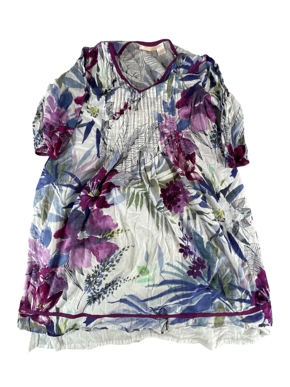 Cera Tunic Top Womens Large Purple Floral Print Pleated Lightweight Blouse Boho