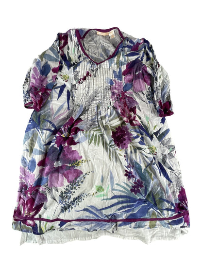 Cera Tunic Top Womens Large Purple Floral Print Pleated Lightweight Blouse Boho
