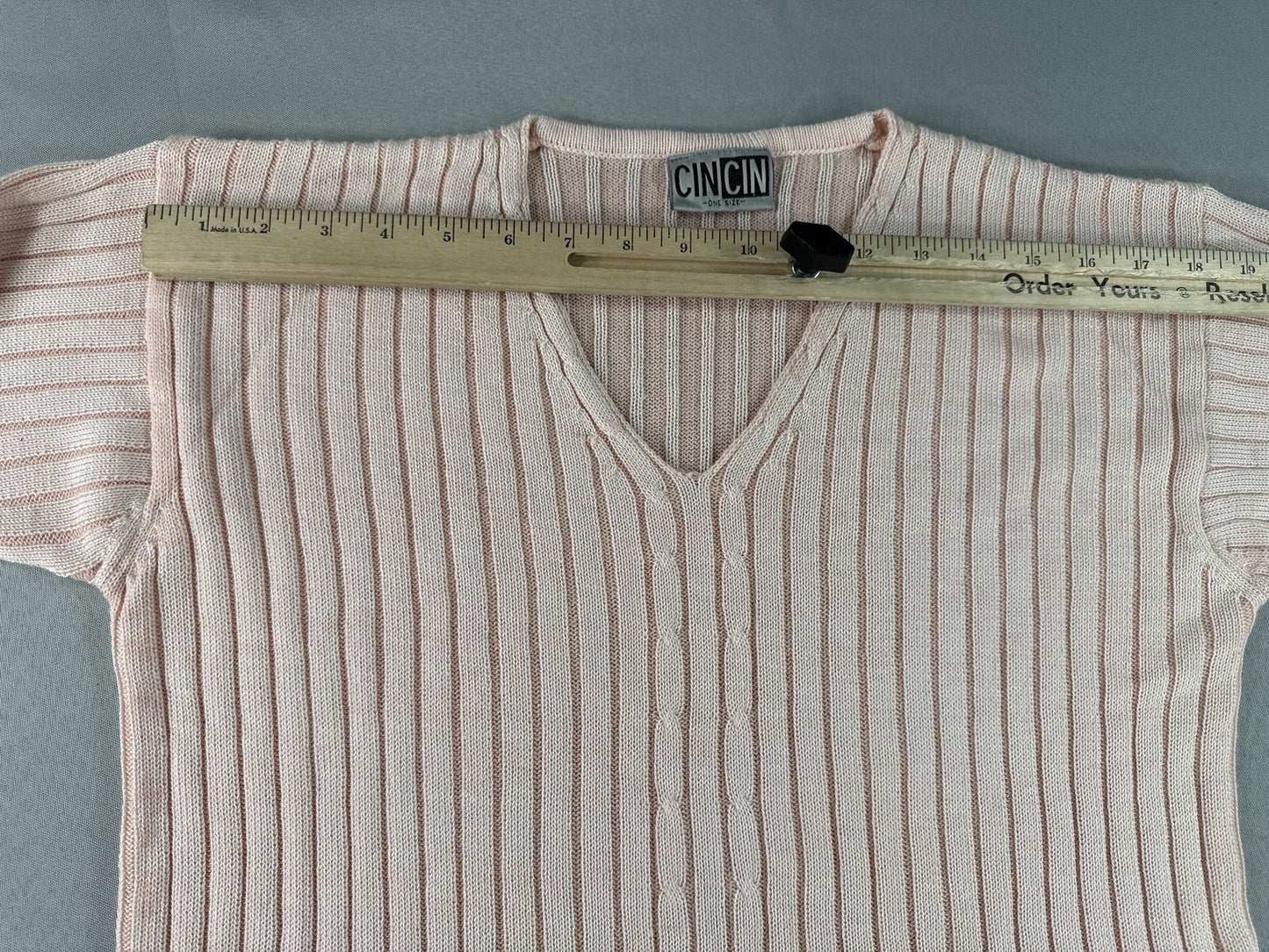 CINCIN Striped Neck Long Sleeve Knit Sweater Pink ONE Stretchy Collarless