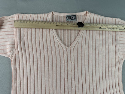 CINCIN Striped Neck Long Sleeve Knit Sweater Pink ONE Stretchy Collarless