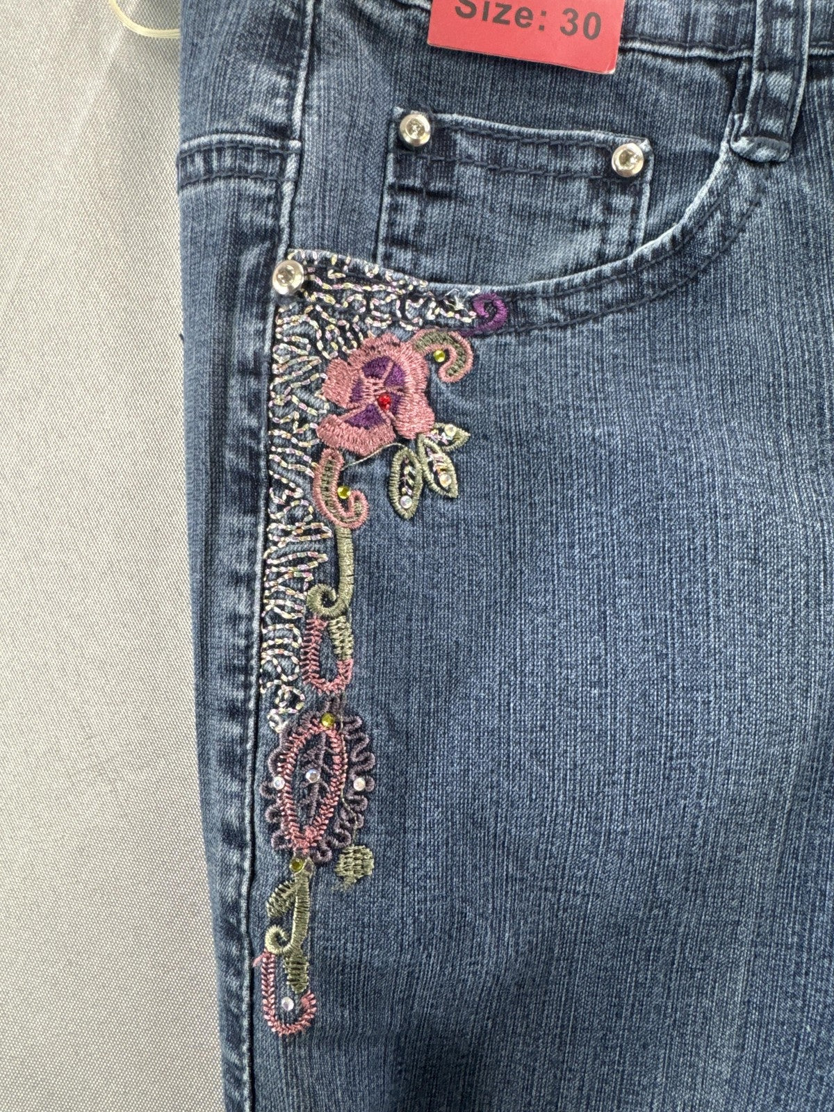 Ke Li Mei Jeans Womens Size 30 Blue Embroidered Floral Straight Leg Denim Pants