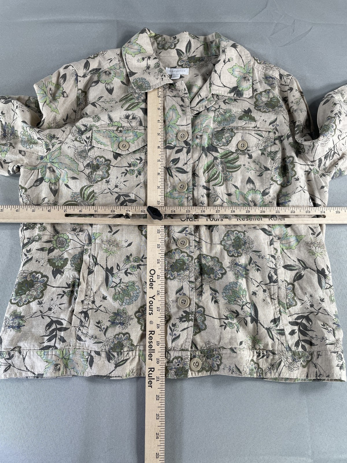 Charter Club Jacket Womens Large Beige Green Floral Linen Button Up Lightweight