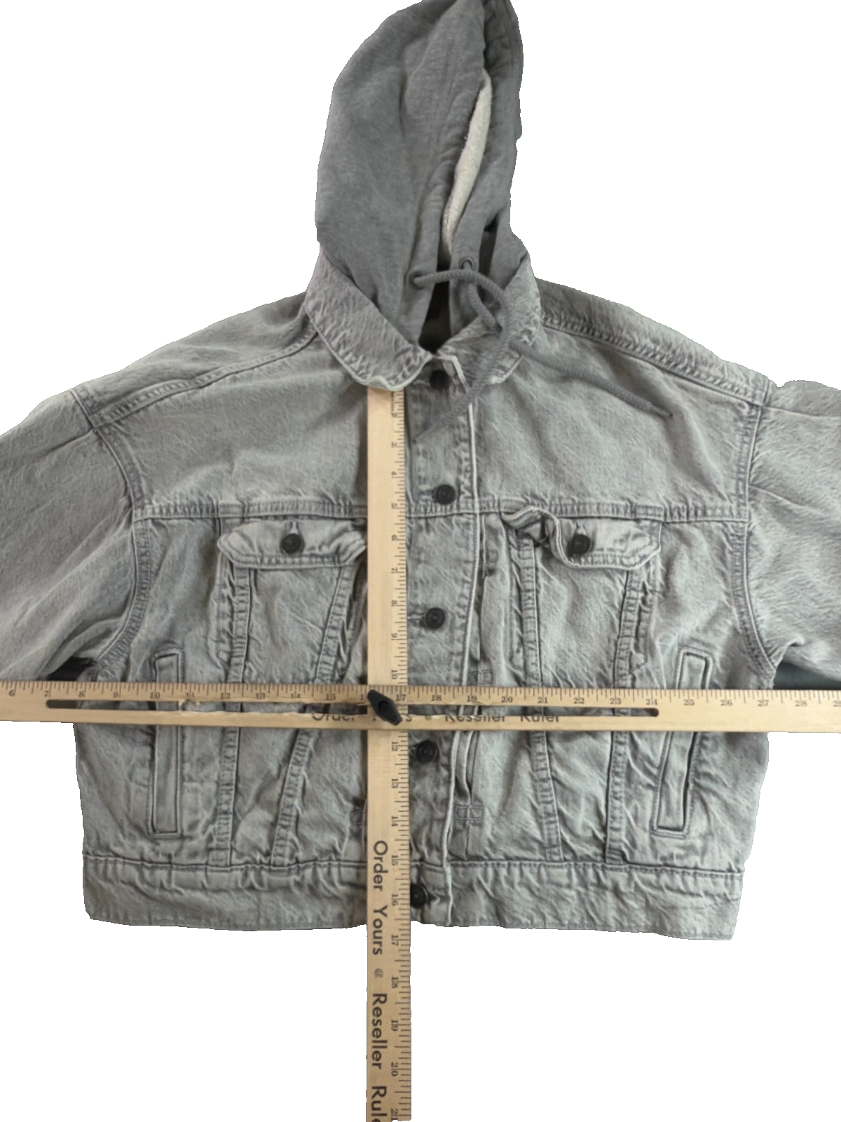 American Eagle Cropped Hooded Denim Jacket Women Small Gray Acid Wash AEO Jean