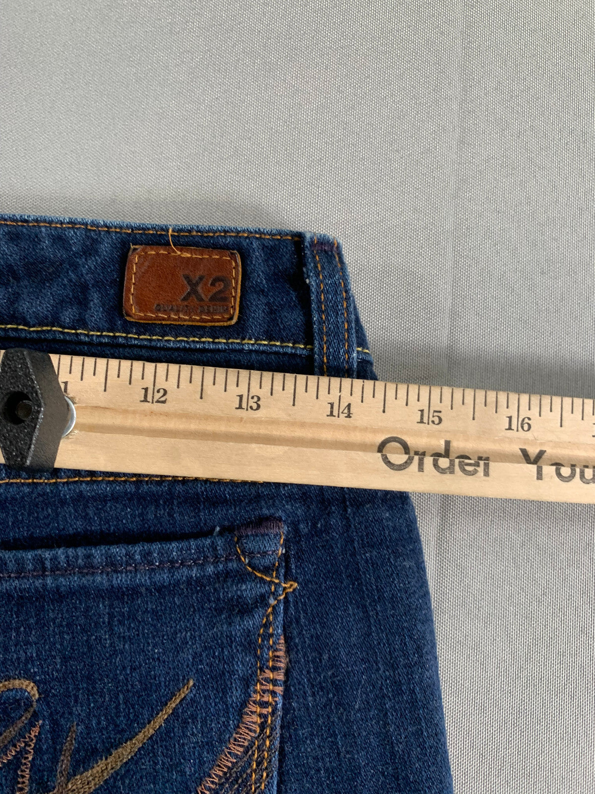 X2 Slim W10 Low Rise Flare Jeans Dark Wash Stretch Bootcut Embroidered Pocket