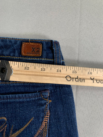 X2 Slim W10 Low Rise Flare Jeans Dark Wash Stretch Bootcut Embroidered Pocket