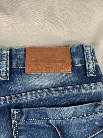 Yutong Jeans Mens 29x32 Slim Straight Fit Blue Moto Style Denim Distressed Wash