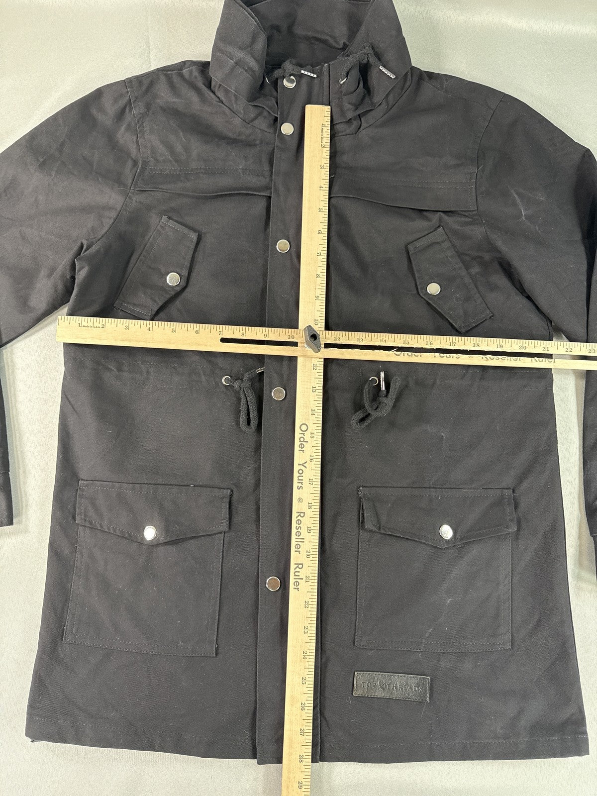TOP THREADS Utility Jacket Mens Black Canvas Hooded Heavy Duty Snap Closure L