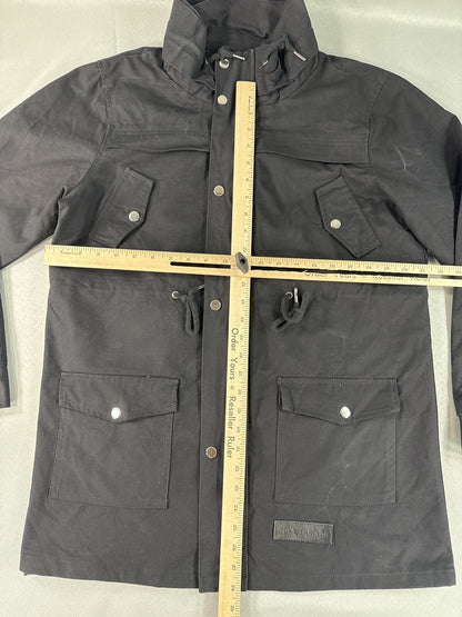 TOP THREADS Utility Jacket Mens Black Canvas Hooded Heavy Duty Snap Closure L