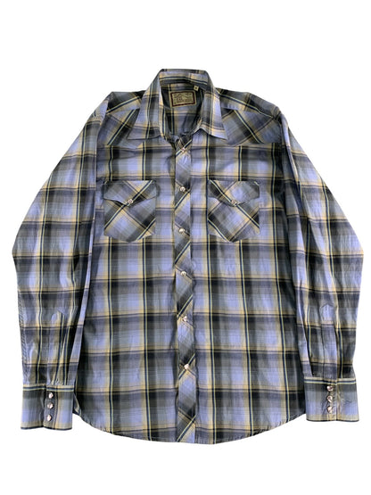 BJR Ranch Wear Shirt Mens Medium Blue Yellow Plaid Western Pearl Snap Cowboy 55