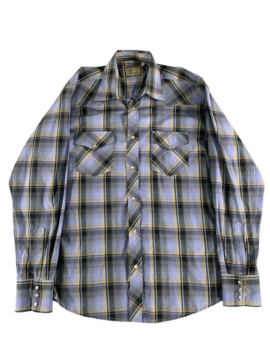 BJR Ranch Wear Shirt Mens Medium Blue Yellow Plaid Western Pearl Snap Cowboy 55