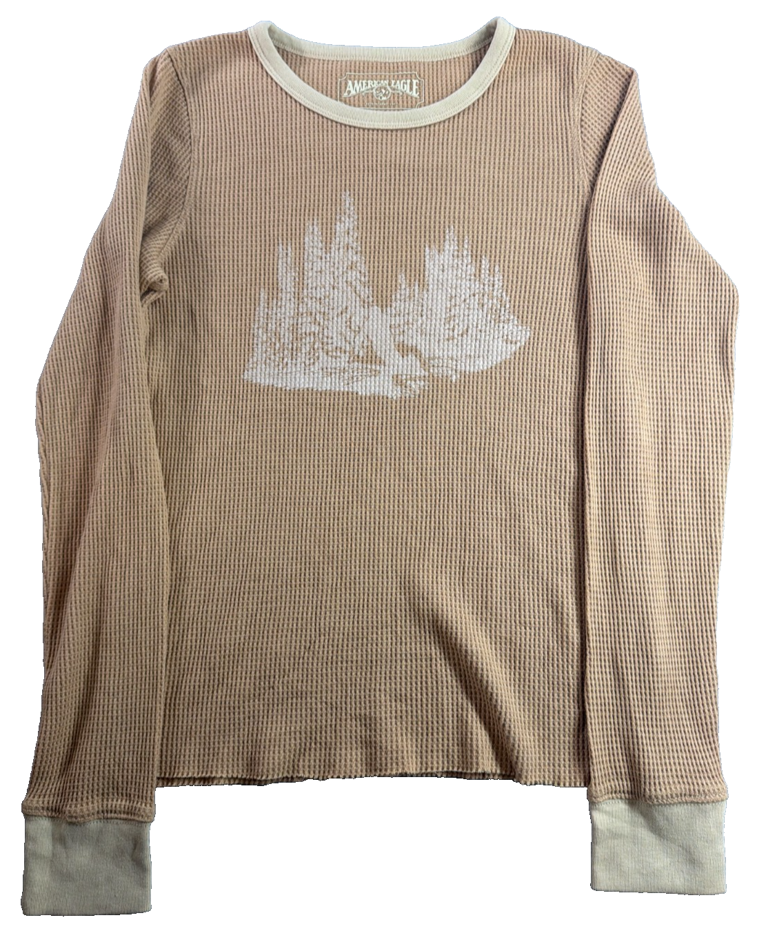 American Eagle Waffle Knit Thermal Shirt Women Small Tan Pine Tree Graphic AEO