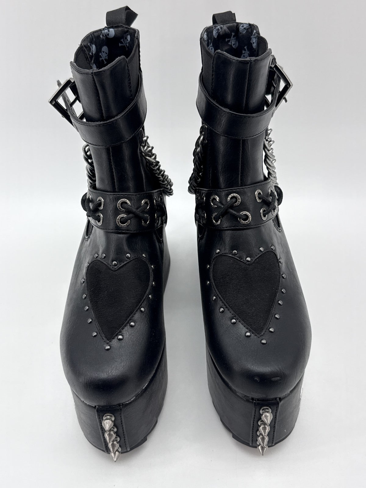 LAMODA Skull Punk Gothic Platform Boots Womens 8 Black Faux Leather Chains Goth