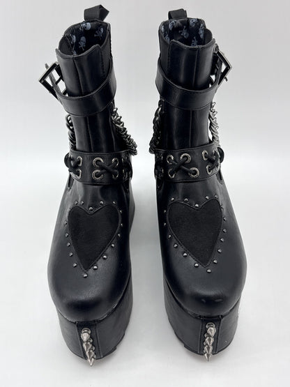 LAMODA Skull Punk Gothic Platform Boots Womens 8 Black Faux Leather Chains Goth