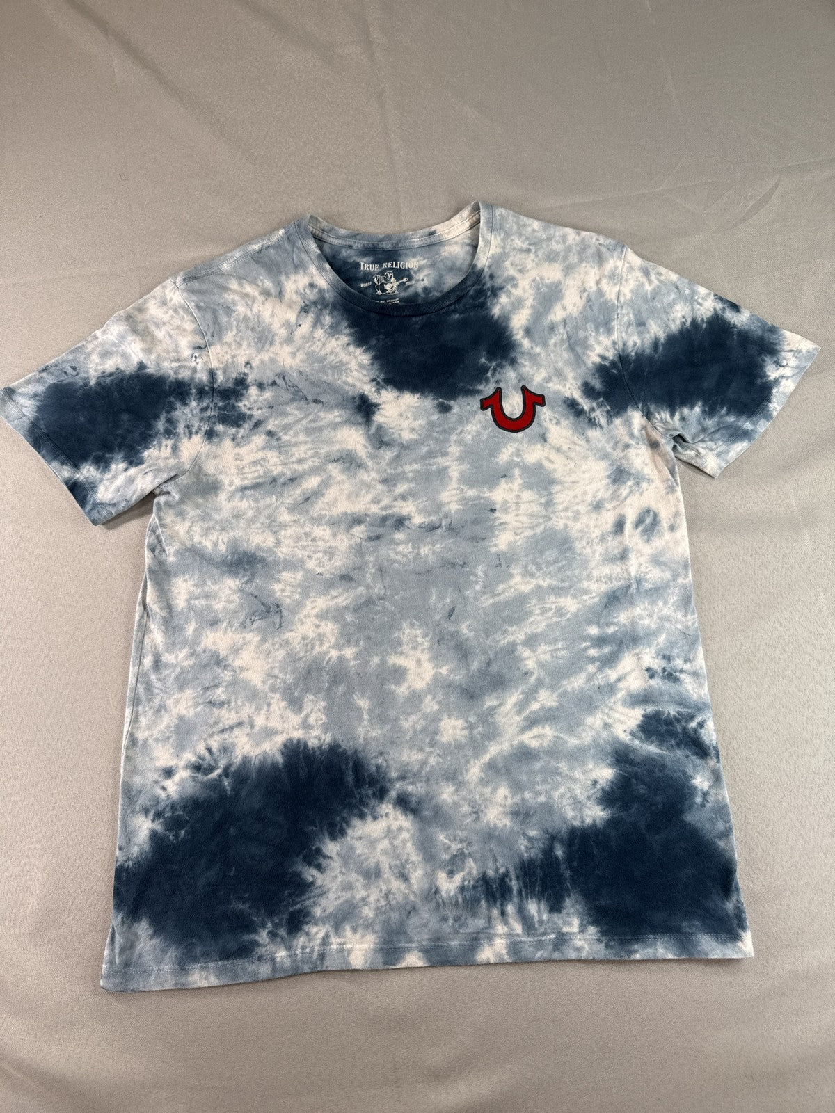 True Religion Buddha World Tour Tie Dye T-Shirt Mens M Blue Crew Neck Horseshoe