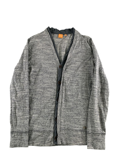 Hugo Boss Cardigan Sweater Mens Small Gray Striped V Neck Boss Orange Casual on