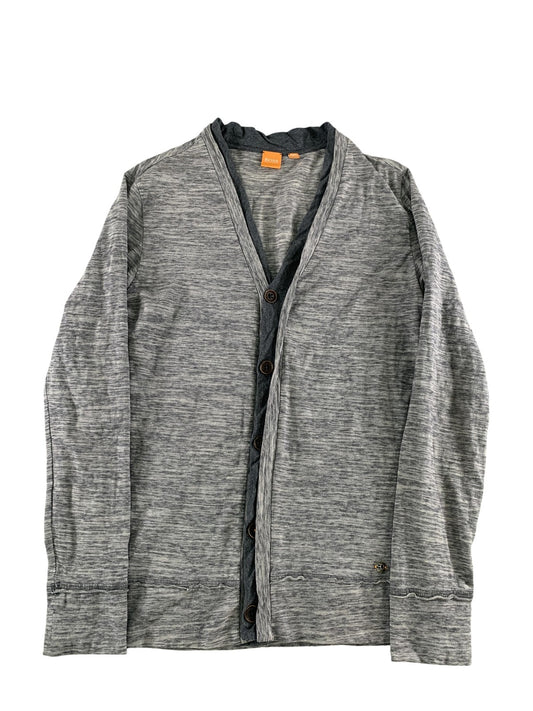 Hugo Boss Cardigan Sweater Mens Small Gray Striped V Neck Boss Orange Casual on