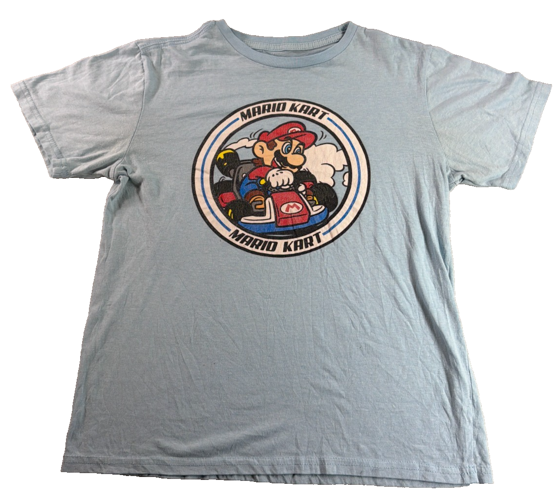 Mario Kart Nintendo Youth XL 14/16 Light Blue Graphic Circle Tee Mad Engine