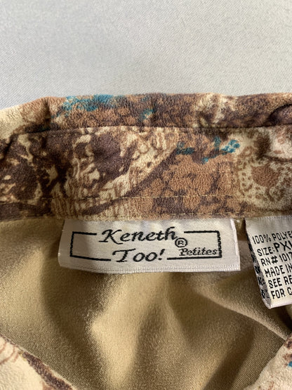 Keneth Too Shirt Womens Plus XL Beige Blue Brown Abstract Print Button Up Top