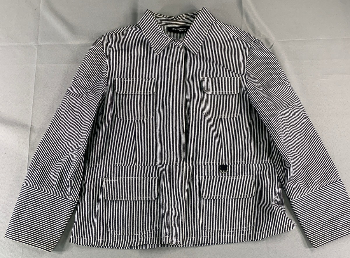 Norton Studio Petites Black White Stripe Zip Jacket Utility Pockets Cotton Chic