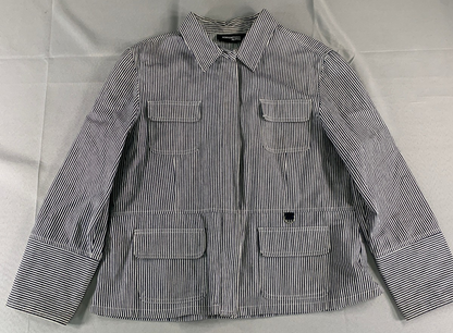 Norton Studio Petites Black White Stripe Zip Jacket Utility Pockets Cotton Chic