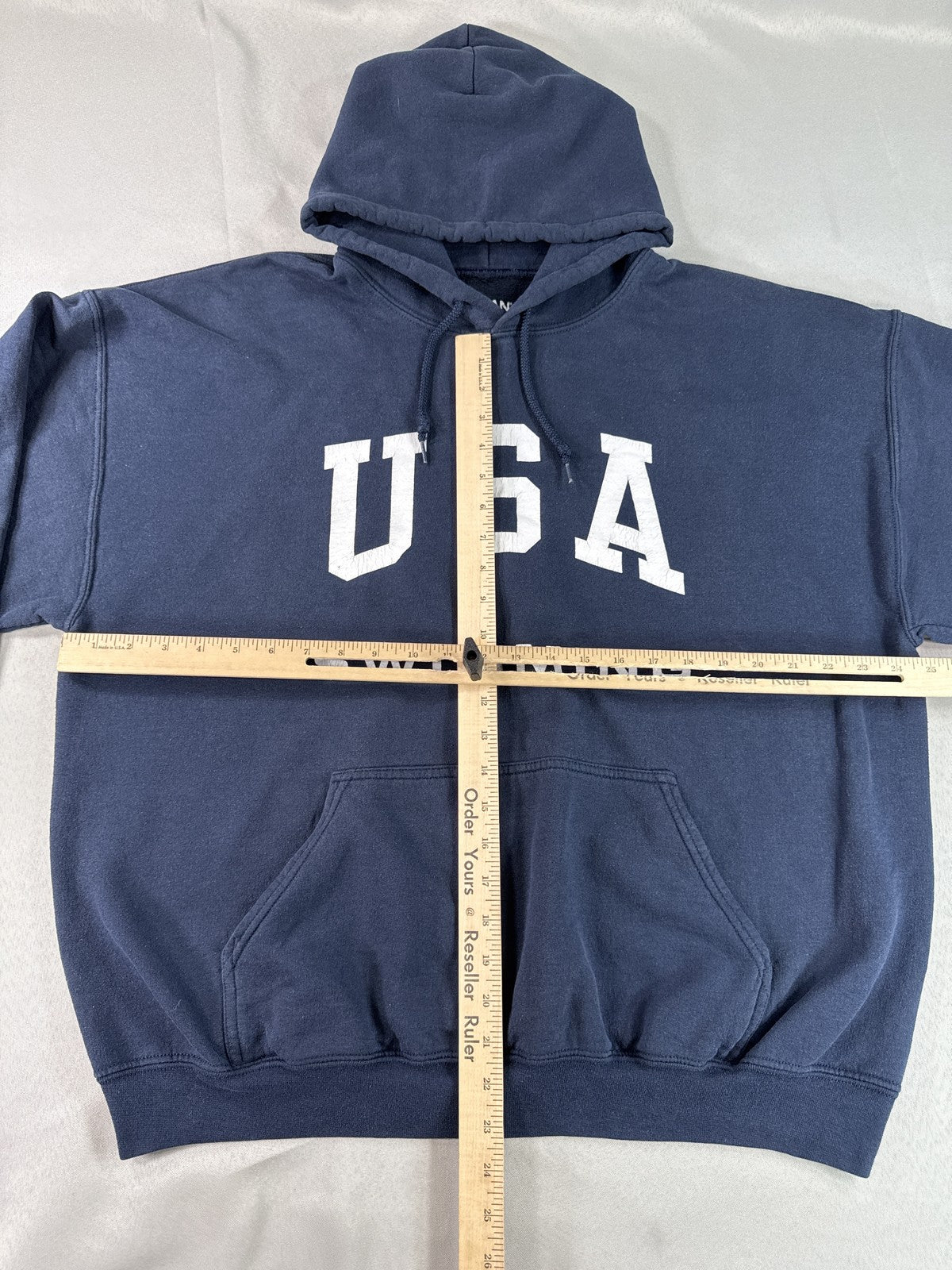 GILDAN USA Sports Hoodie XL Navy Polyester Cotton Pullover Graphic Flag Print