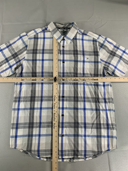 DC Shoes Shirt Mens Large Gray Blue White Plaid Button Up Short Sleeve Casual