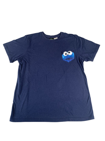 Sesame Street Cookie Monster Shirt Mens Large Navy Blue Pocket Graphic Tee Funny