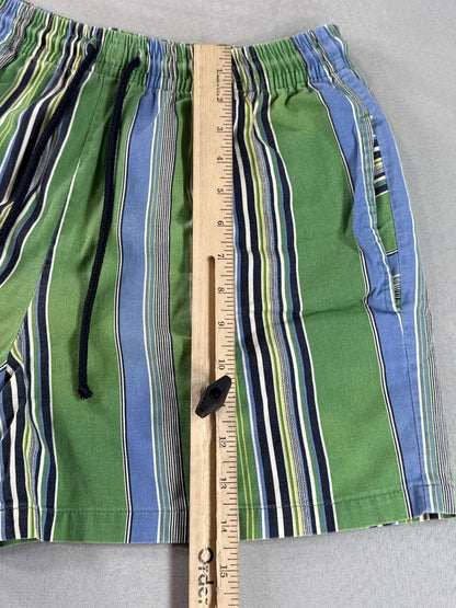 Barneys York Striped Shorts M Green Blue 100% Cotton Relaxed Fit Elastic Waist