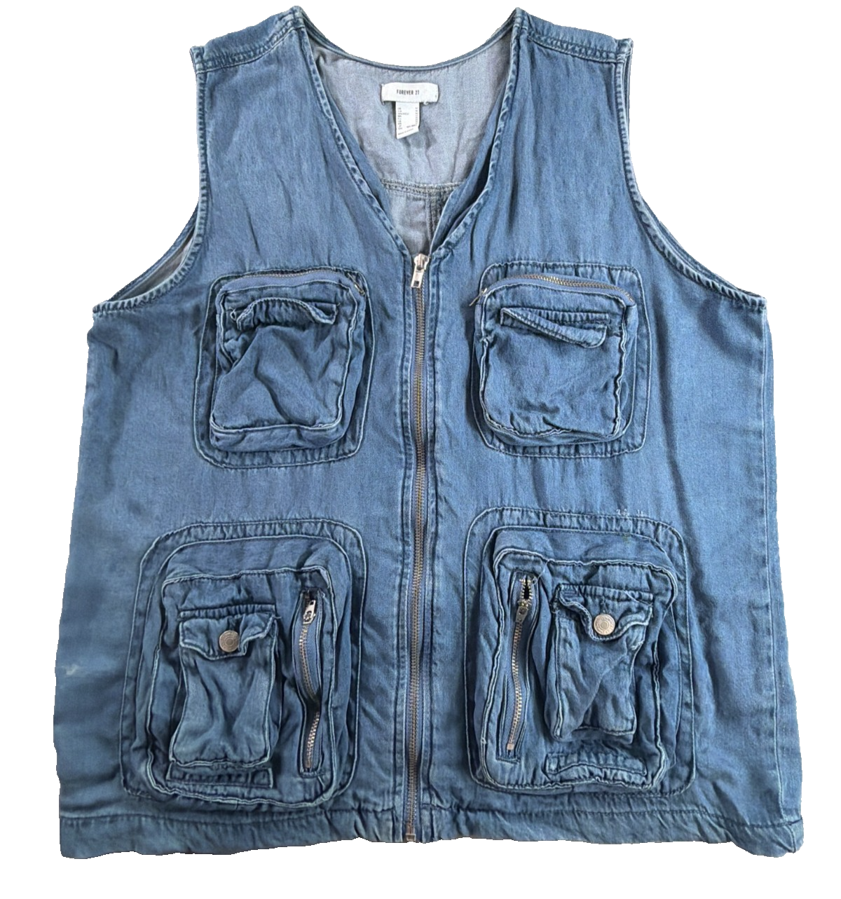 Forever 21 Denim Cargo Utility Vest Multi Pocket Zip Front Y2K Streetwear M