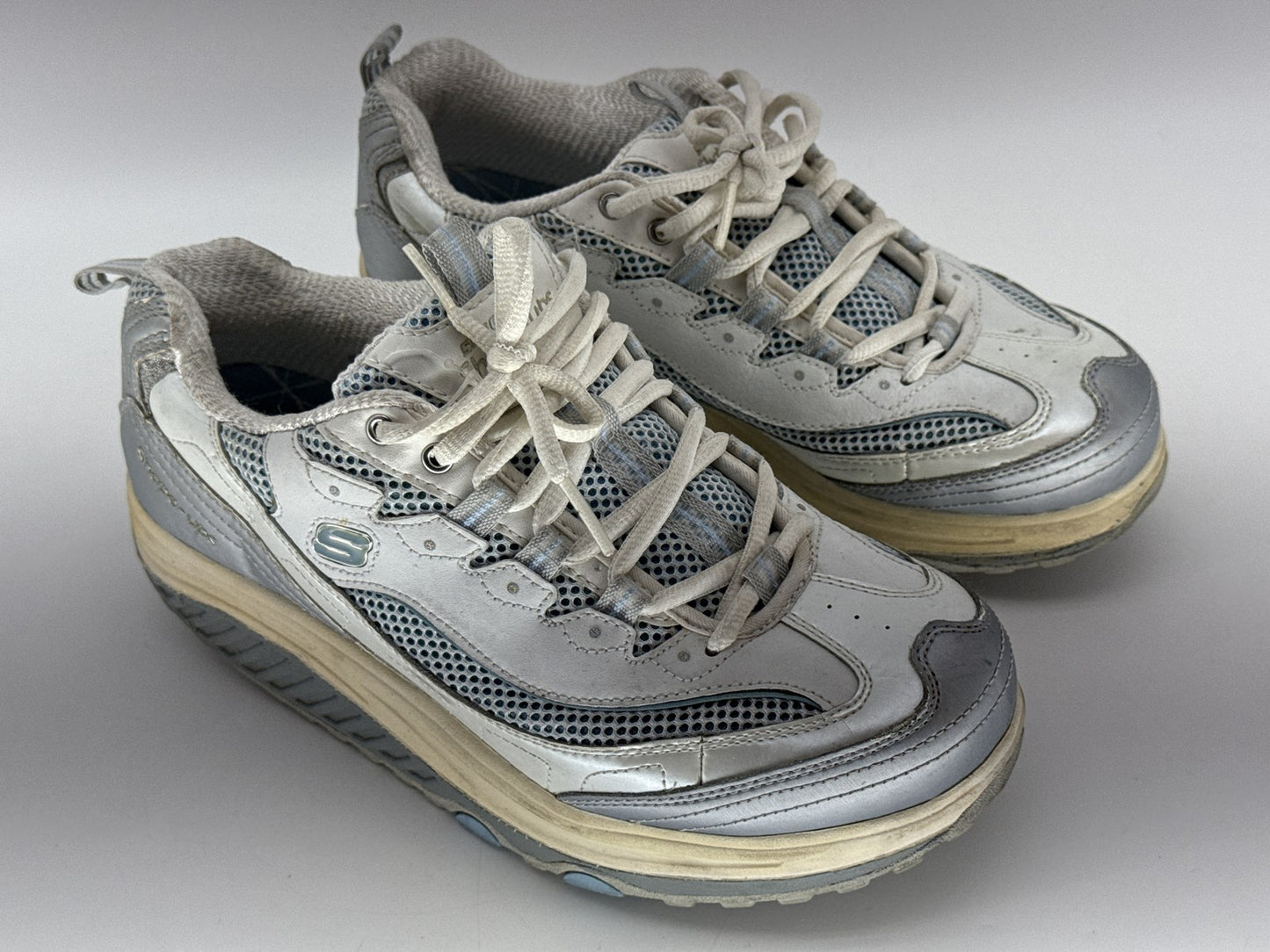 Skechers Shape Ups Toning Walking Shoes Mens 8.5 White/Gray Lace Up Leather