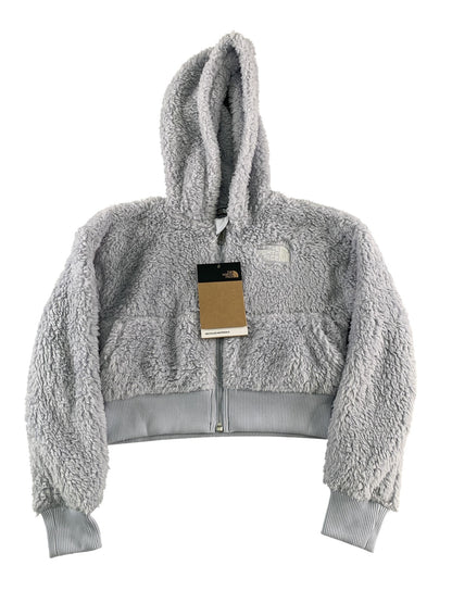 The North Face Hoodie Girls XS 6 Gray Sherpa Fleece Full Zip Ribbed Hem Soft Red