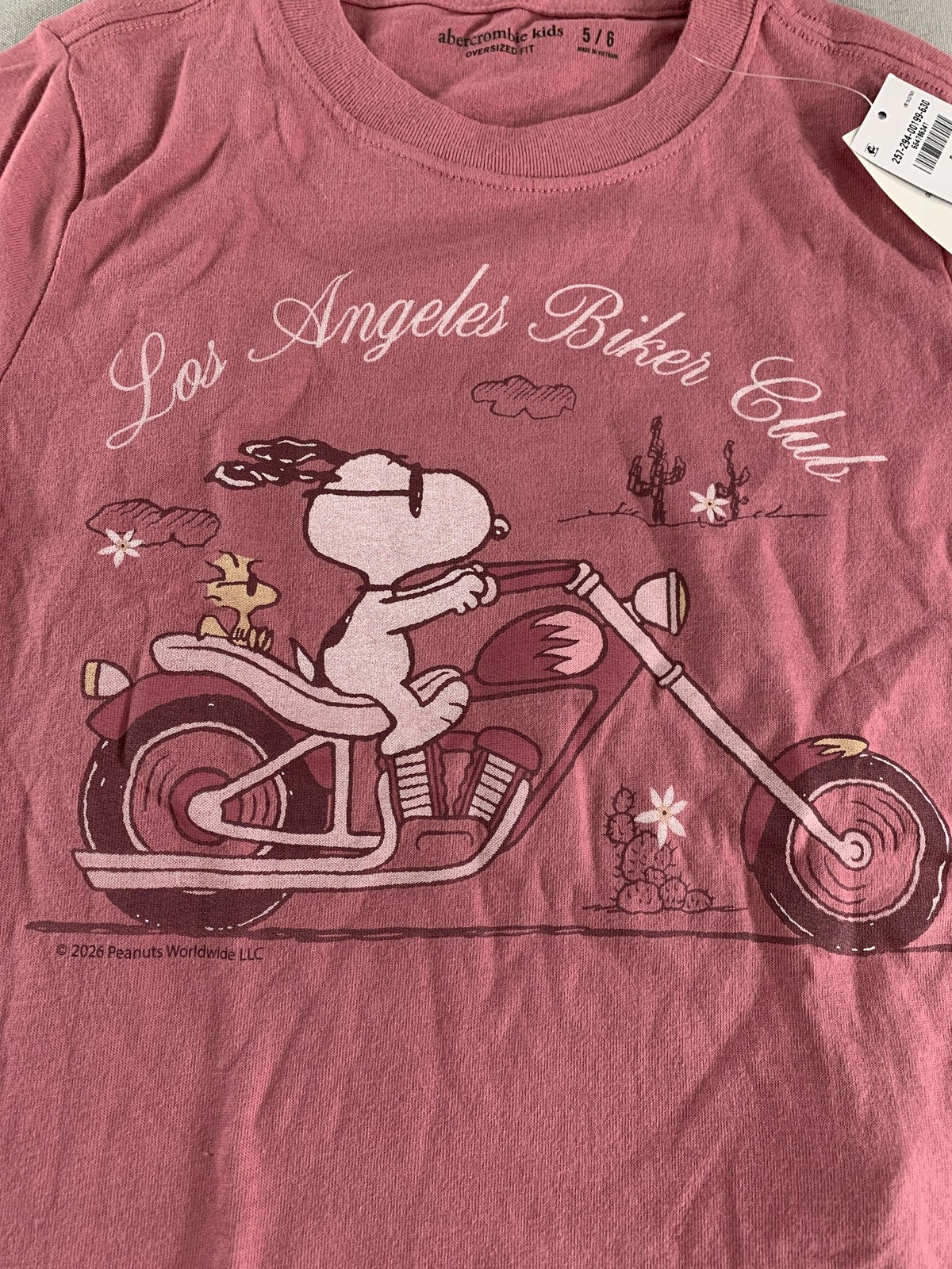 Abercrombie Kids Snoopy Shirt Girls 5/6 Pink Los Angeles Biker Club Oversized on