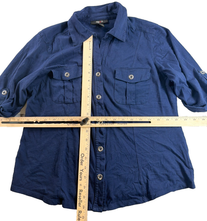 Style & Co Womens S Navy Blue Button Down Shirt 3/4 Sleeve Cotton Utility Top