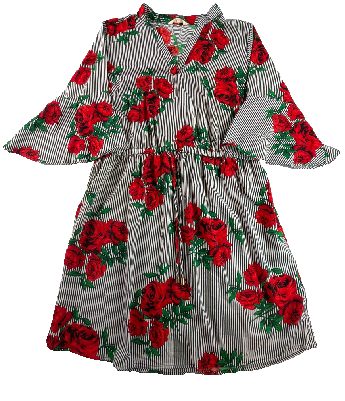 Hint of Blush Women 2X Rose Floral Stripe Dress Bell Sleeve Drawstring Waist