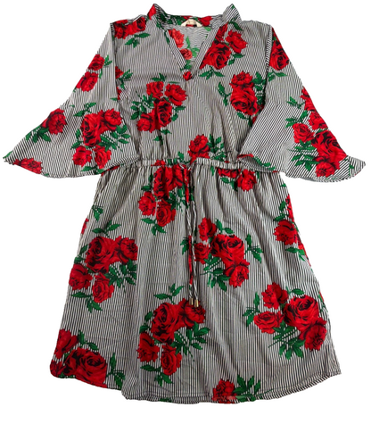 Hint of Blush Women 2X Rose Floral Stripe Dress Bell Sleeve Drawstring Waist