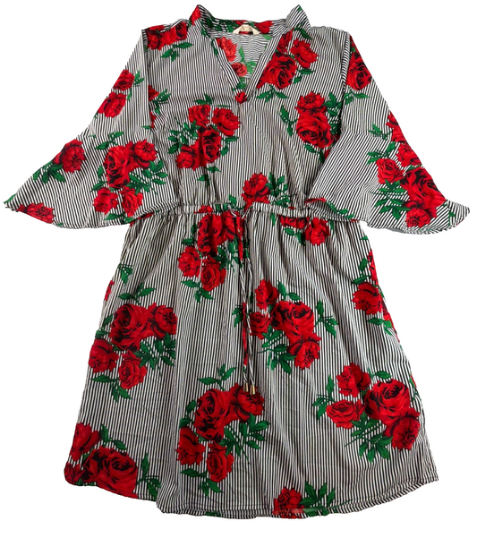 Hint of Blush Women 2X Rose Floral Stripe Dress Bell Sleeve Drawstring Waist