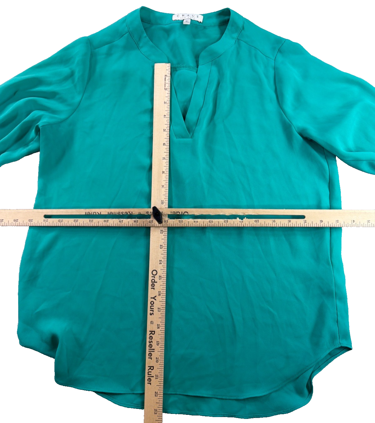 Chaus New York Blouse Women Small Teal Green V Neck Roll Tab Sleeve Chiffon Top