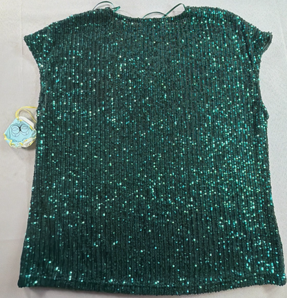 CeCe Sequin V-Neck Cap Sleeve Top Emerald Green Lined Stretch Blouse NWT M New