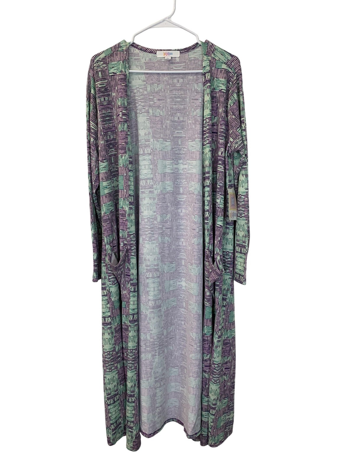 LuLaRoe Sweater Cardigan Womens Large Purple Green Sarah Geometric Pockets Knit