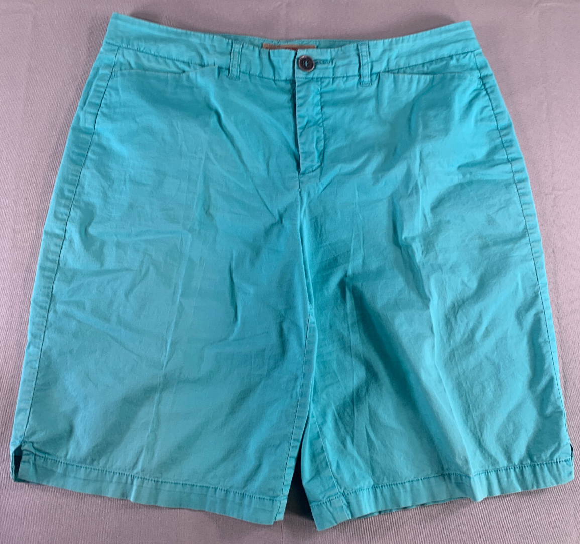 Khakis & Co Womens Chino Shorts Sz 12 Aqua Blue Flat Front Mid Rise 9" Inseam