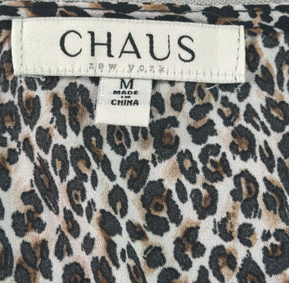 Chaus New York Leopard Print Ruffle Sleeve Blouse Women Medium V Neck Sleeveless