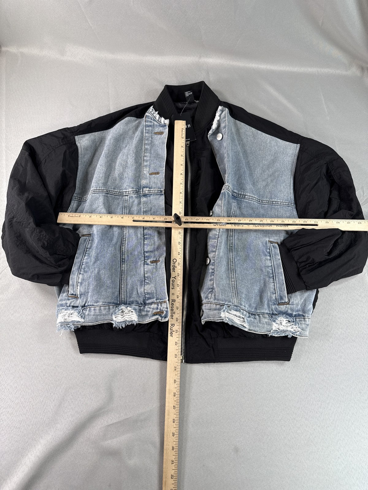FOREVER 21 Bomber Jacket Womens S Black/Denim Cotton/Polyester Regular Fit Zip
