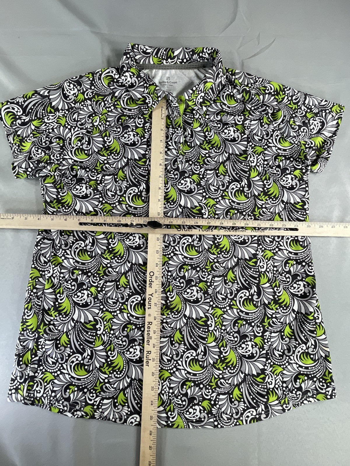 Bette & Court Polo Shirt Mens XL Black White Green Pattern Performance Golf Top